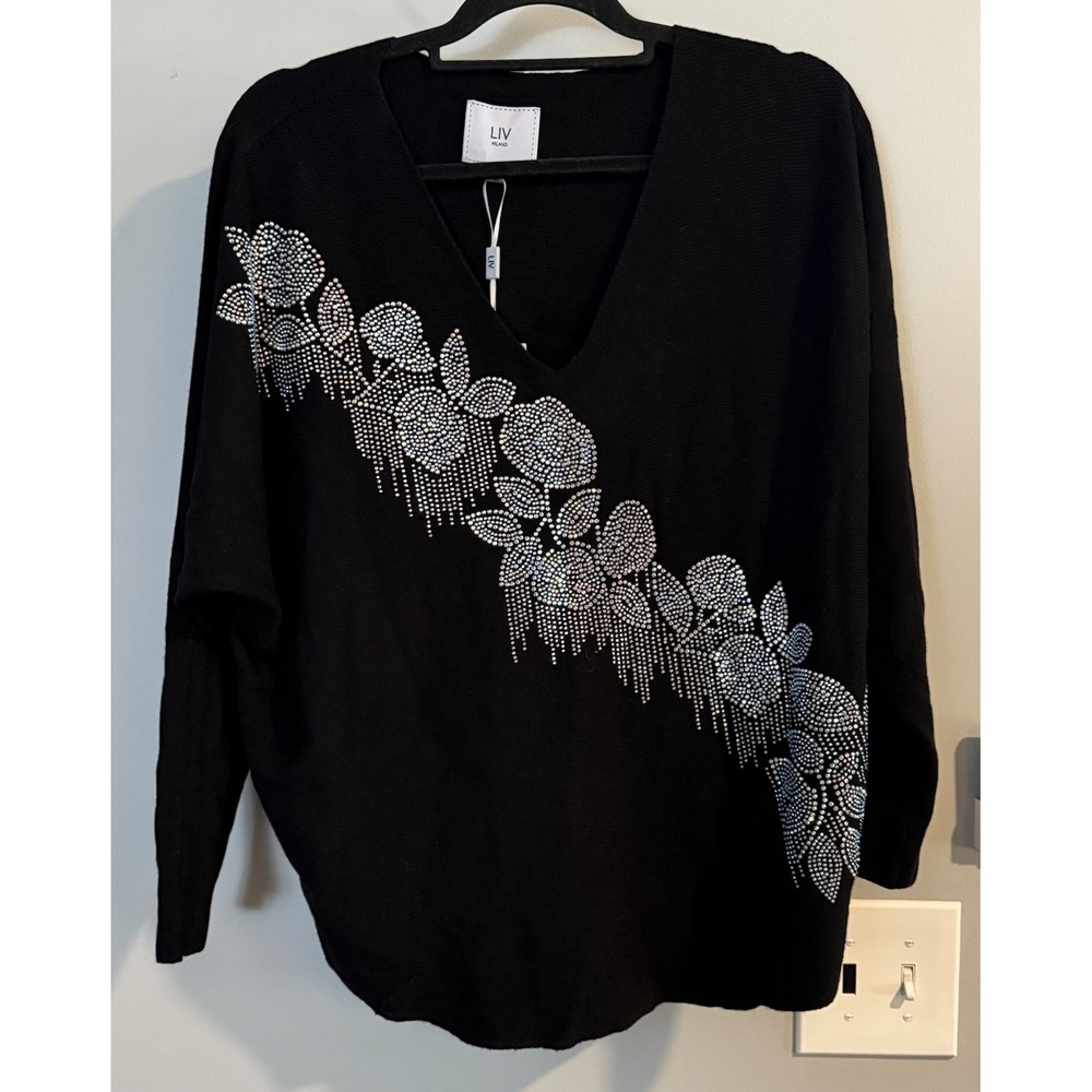 LIV Milano Top Sweater Rhinestone Floral Embellished V Neck XL New